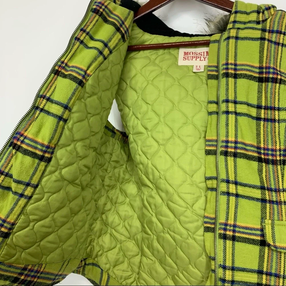 Mossimo Supply Co Retro Lime Green Blue Multi Plaid Full Zip Vest Faux Fur Hood - Picture 5 of 15